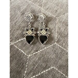 925 Sterling Silver Vintage Black Onyx & Marcasite Art Deco Style Earrings #375